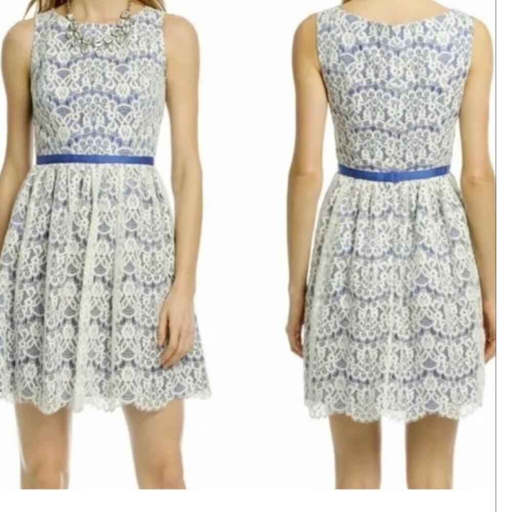 Shoshanna Lace Sleeveless Dress Size 4 Blue Cream - Picture 8 of 8